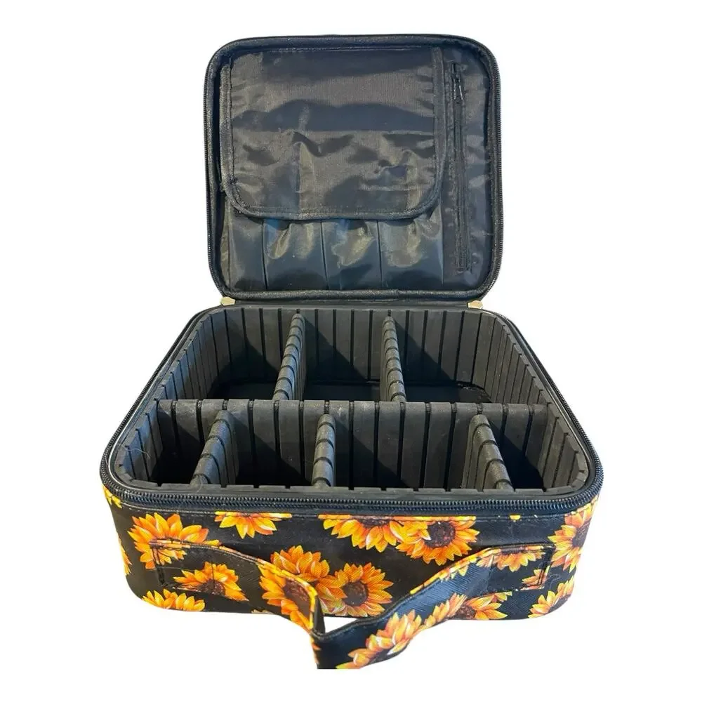 Travel Makeup Train Case - Adjustable Compartments - Sunflower Design